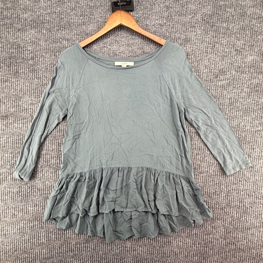 LOFT Peplum Top Womens Small Blue Green Excellent Ruffle Hem Long Sleeve